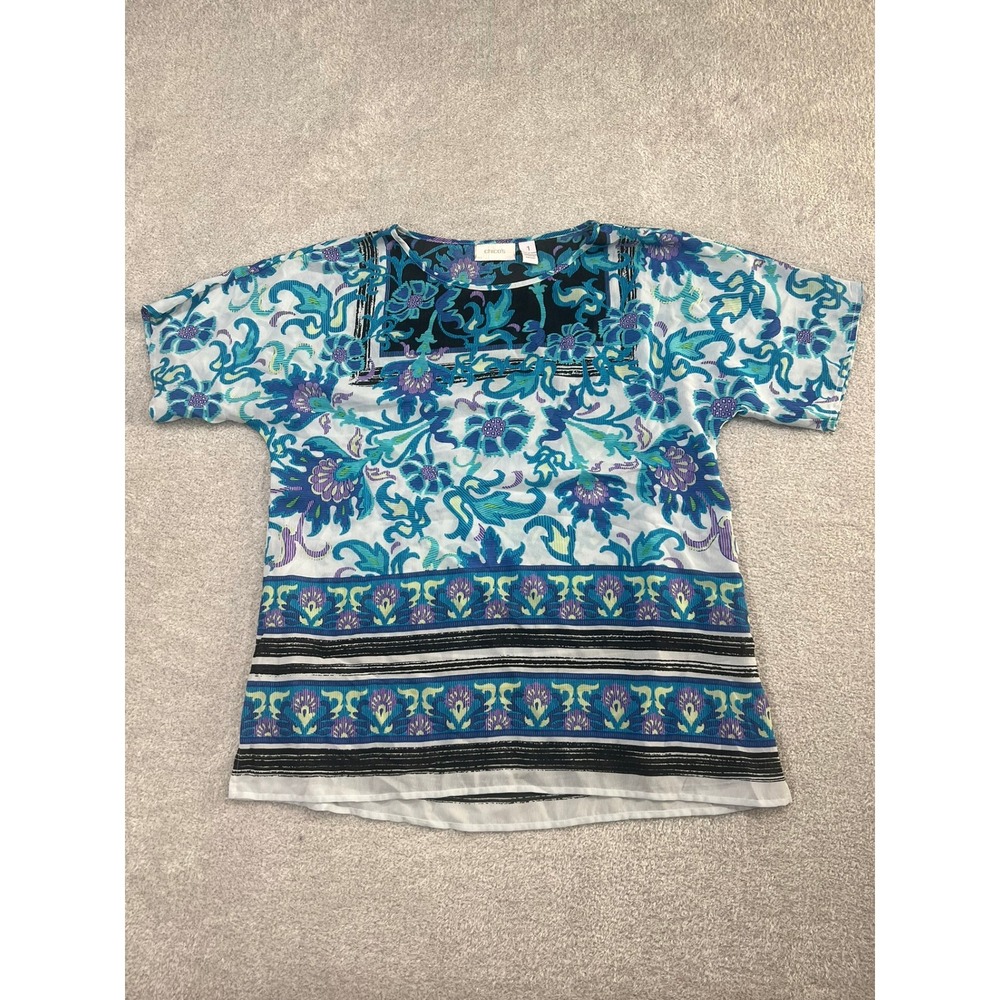 Chicos Womens Blue Floral Paisley Border Print Short Sleeve Blouse Size 1 M - Picture 6 of 7